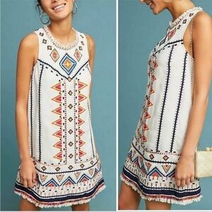 Anthropologie Akema + Kin Reagan Embroidered Linen Shift Dress Size 0 Fringe EUC